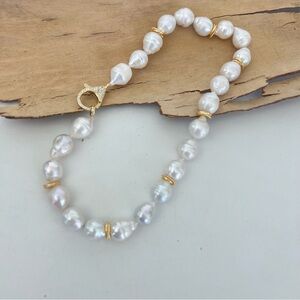 White Short Baroque Pearl Gold Bars Pave Clasp Pave Necklace, Necklace Statement